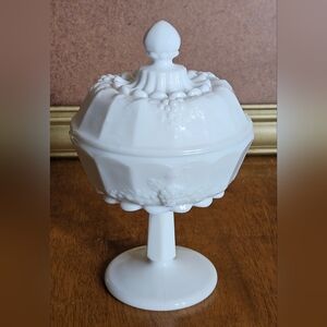 Vintage Milk Glass Westmoreland Paneled Grape Compote Candy Dish with Lid
